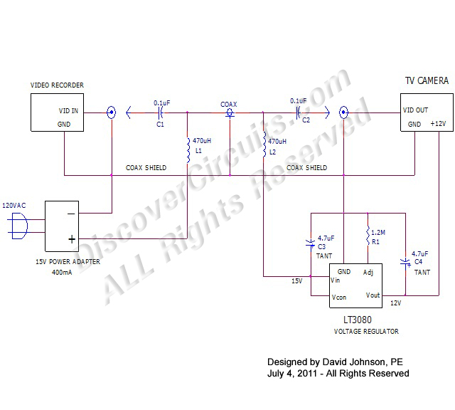 Remoter TV Camera Power circuit designed
by Dave Johnson, July 4, 2011